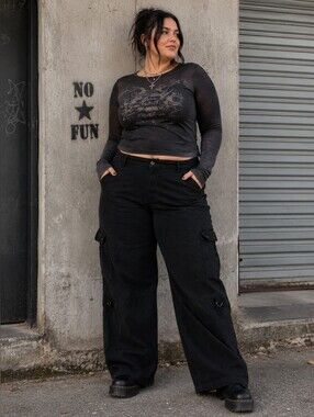 Vintage Y2K UNIONBAY Black Cargo Pants Women's Size 18 Wide Leg 100% Cotton